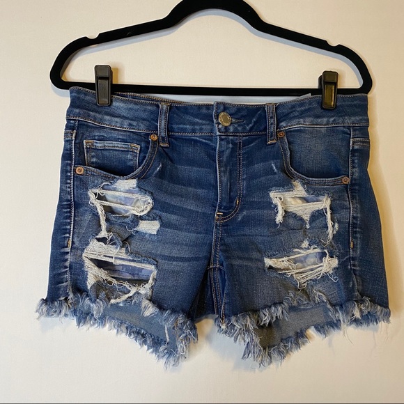 AEO Distressed Midi Denim Shorts Stretch Dark Wash